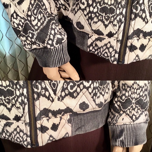Free People Black Beige Zip Up Quilt BOHO Jacket M - Picture 8 of 8